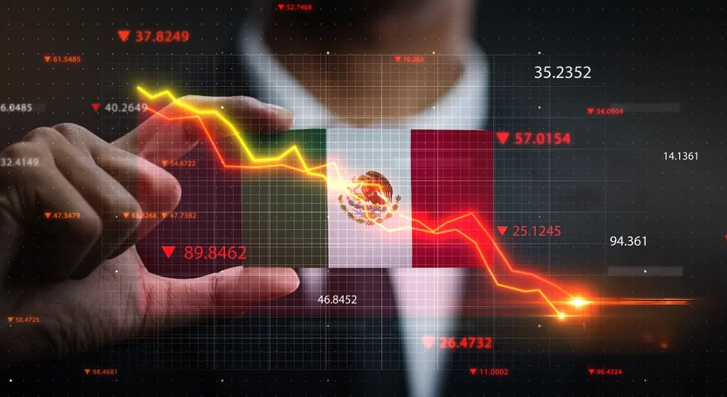 Gráfica financiera descendente sobre la bandera de México, simbolizando fluctuaciones económicas e impacto en la inversión extranjera.