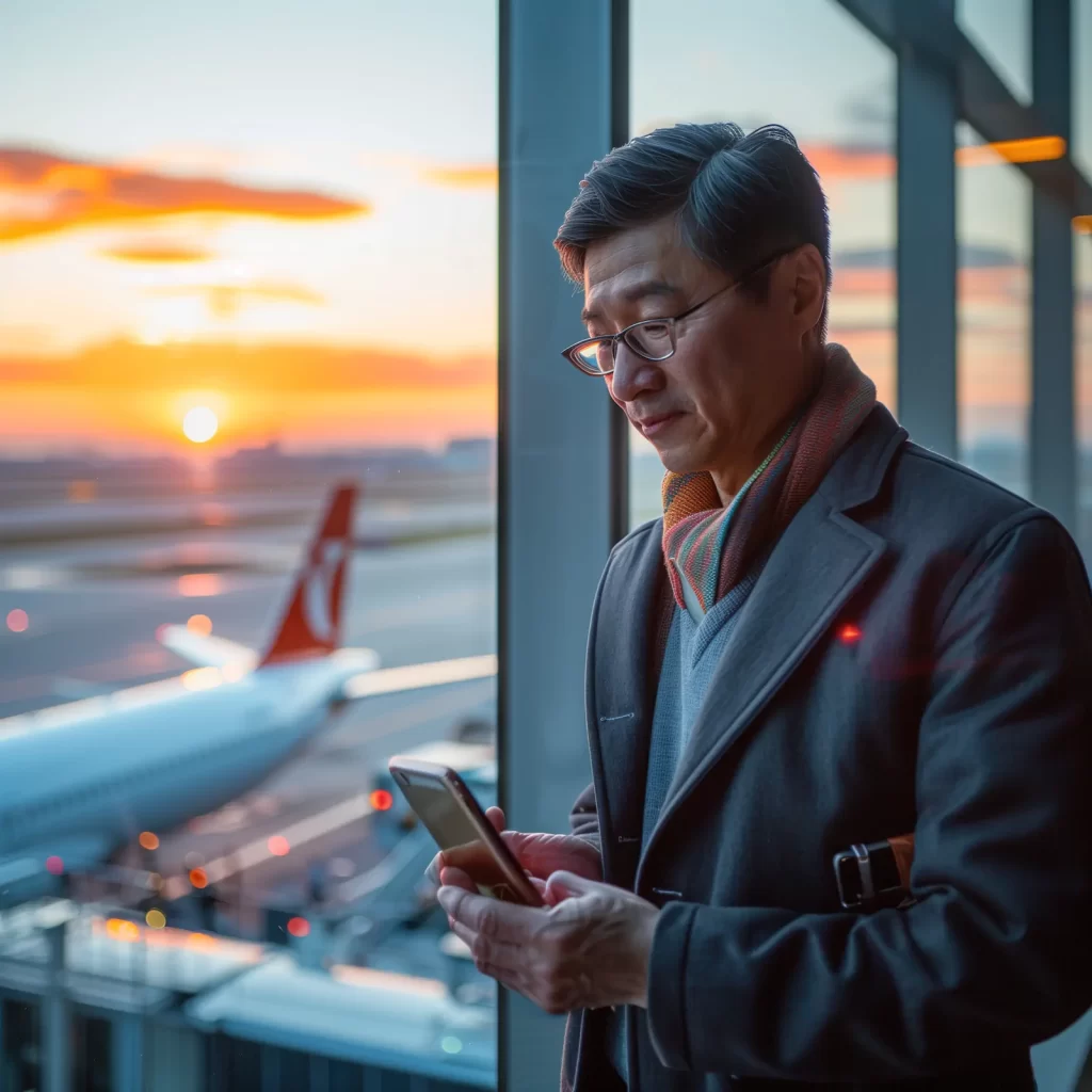 Empresario revisando requisitos de visa en el aeropuerto antes de volar a China