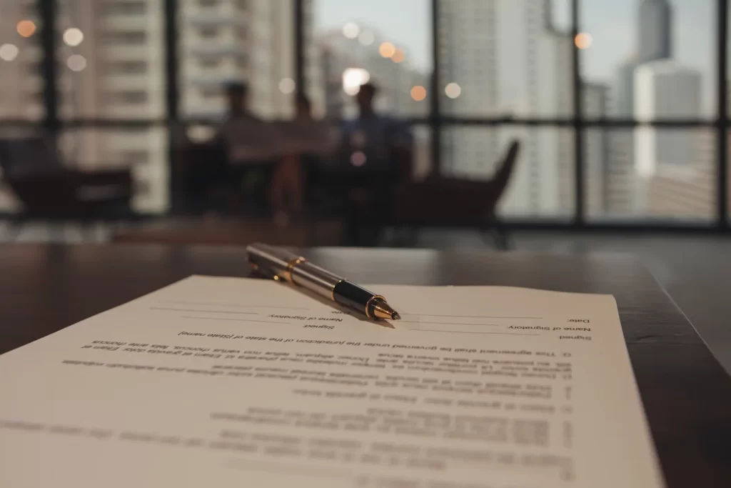 Documento oficial y pluma en mesa de oficina listo para ser apostillado.