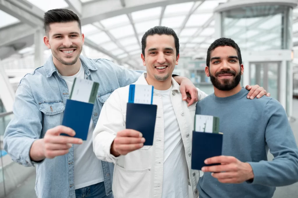 Grupo de personas sonrientes mostrando pasaportes en aeropuerto