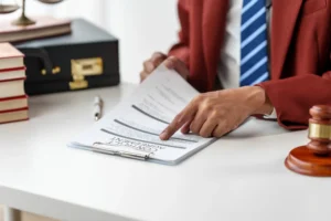 Abogado señalando contrato sobre escritorio con mazo