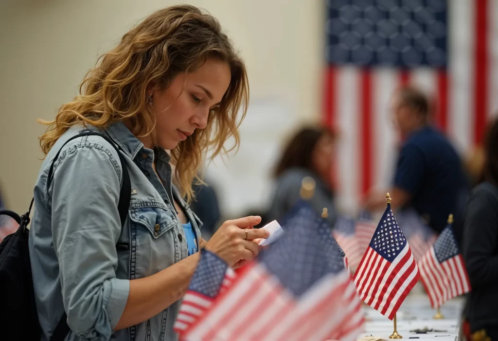 Mujer revisando documentos y sosteniendo una bandera de EE.UU. durante el proceso para demostrar lazos fuertes en una solicitud de visa americana.