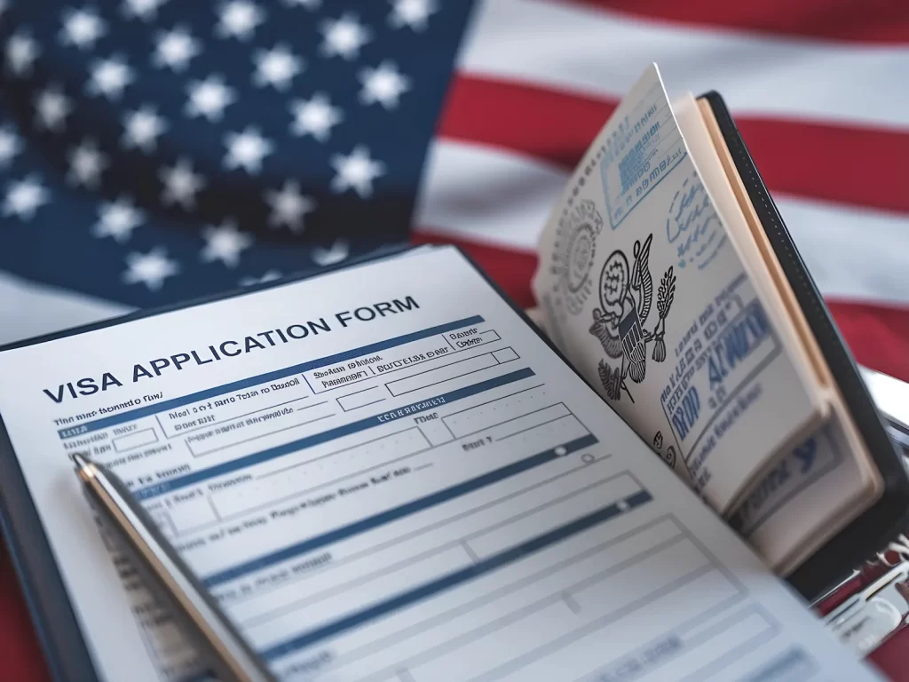 Formulario de visa estadounidense abierto junto a un pasaporte y bandera, simbolizando los requisitos para acreditar lazos fuertes.