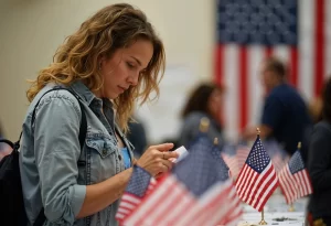Mujer revisando documentos y sosteniendo una bandera de EE.UU. durante el proceso para demostrar lazos fuertes en una solicitud de visa americana.