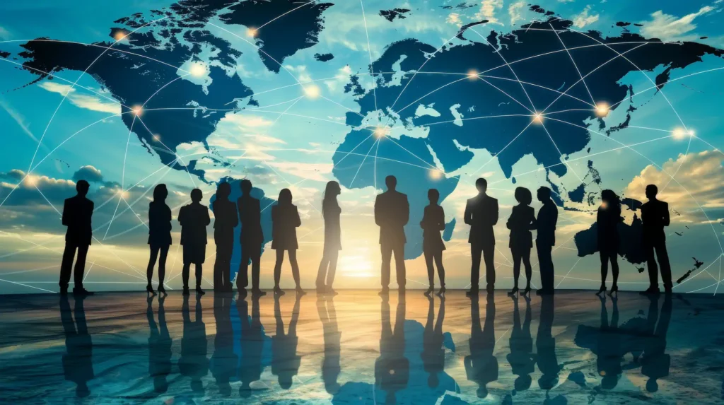 Siluetas empresariales ante mapa mundial conectado