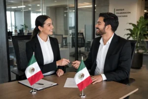 Dos empresarios firmando acuerdo con banderas de México